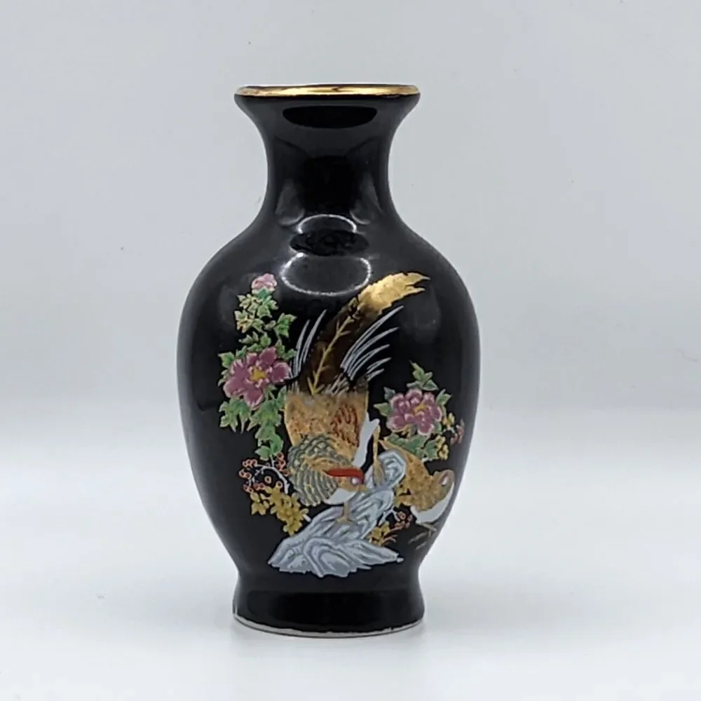 Cobalt Blue Ceramic Decorative Vase Pheasant Flowers Gold Trim Japan